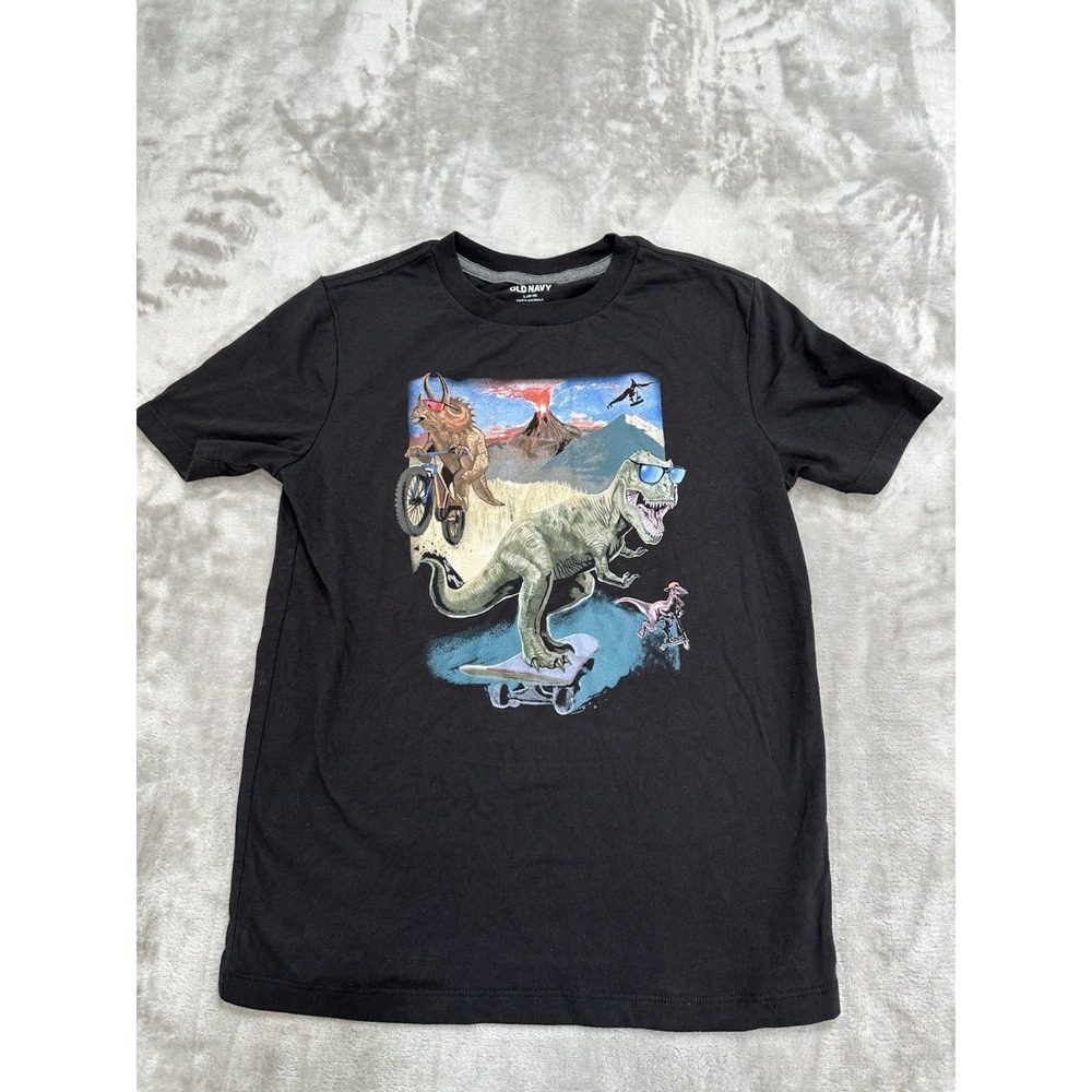 Old Navy T-Shirt Boys Size Large Black Dinosaur Theme Short Sleeve Crew Neck